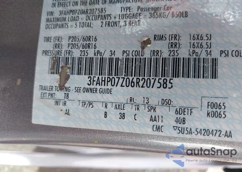 2006 Ford Fusion Se из США, поврежденный, VIN 3FAHP07Z06R207585